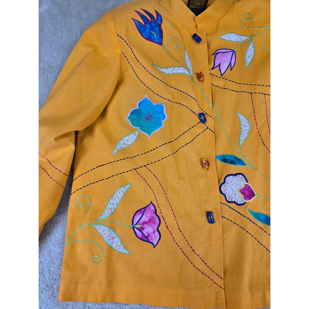 Julia Ku Womens Mustard Yellow Floral Embroidered Art to Wear Jacket Mandarin L - Picture 6 of 9